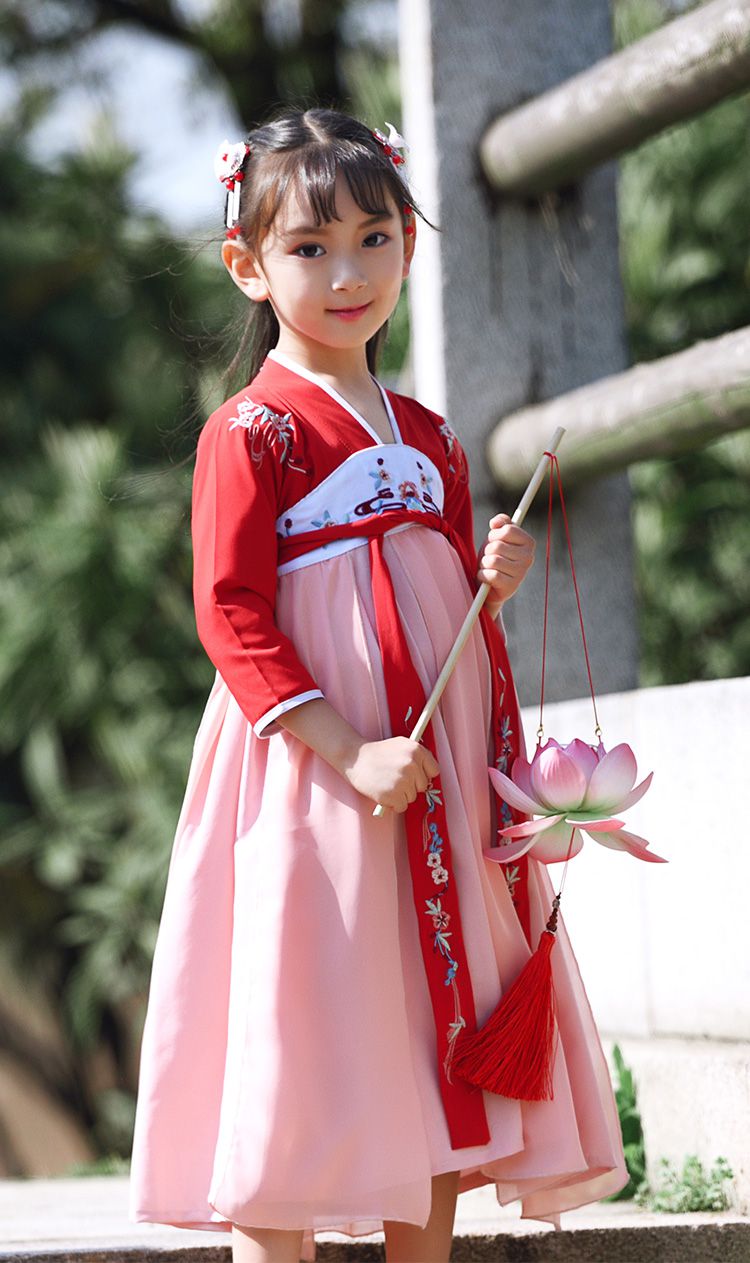 6岁8岁儿童女童汉服古装春秋演出服中国风红色长袖连衣裙仙六一中国舞