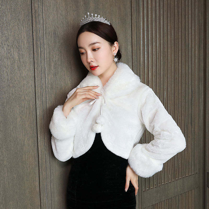 新款新娘毛披肩结婚保暖斗篷小外套婚礼伴娘毛绒披风款平毛大披白色