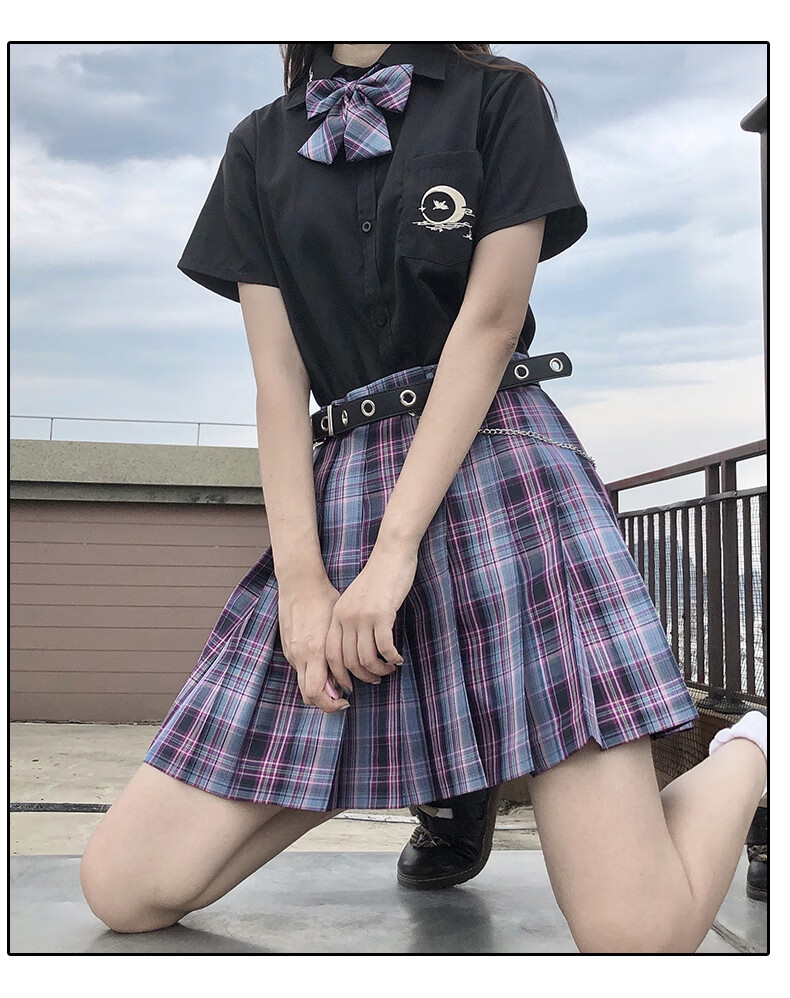 格裙套装学院风暗黑系短裙百褶裙子 电竞少女格裙 领带 短袖刺绣黑衬