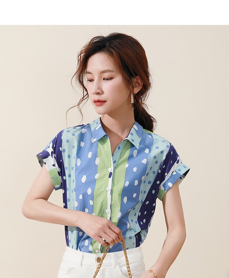 熙然夏新款短袖系带撞色波点花衬衫女上衣纯棉衬衣设计感小衫蓝绿花s