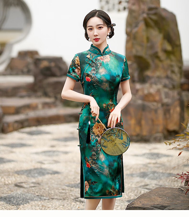 骆骐亚cmlziua品牌女装2022夏季新款中国风桑蚕丝牡丹花真丝旗袍高端