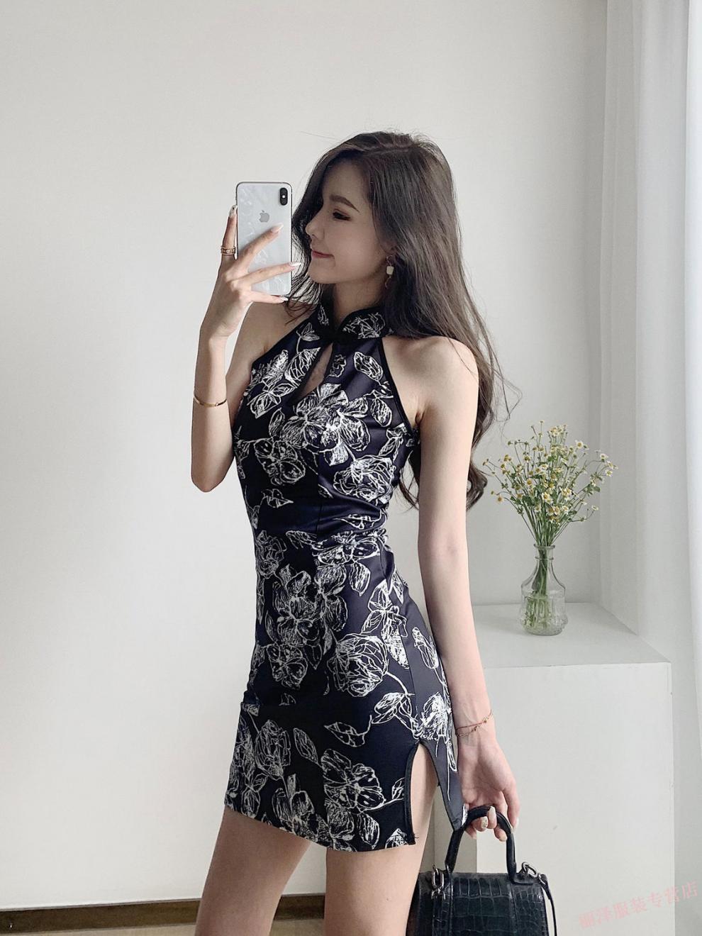 收腰显瘦气质性感包臀开叉改良短款旗袍连衣裙女夏网红主播同款黑色s