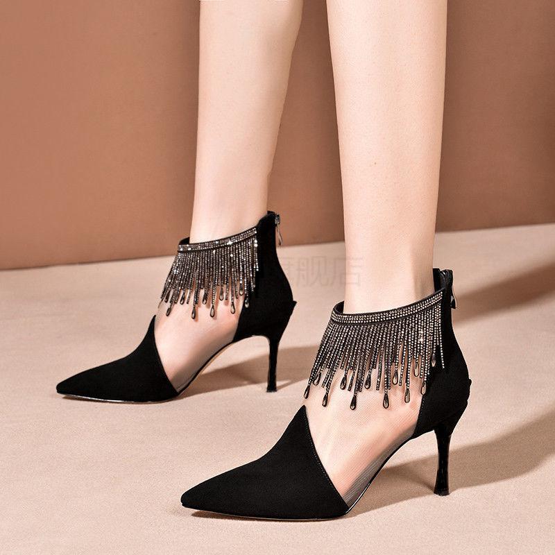 守图夏季新款网靴女网面网纱镂空透气显高女靴子性感流苏尖头水钻短靴