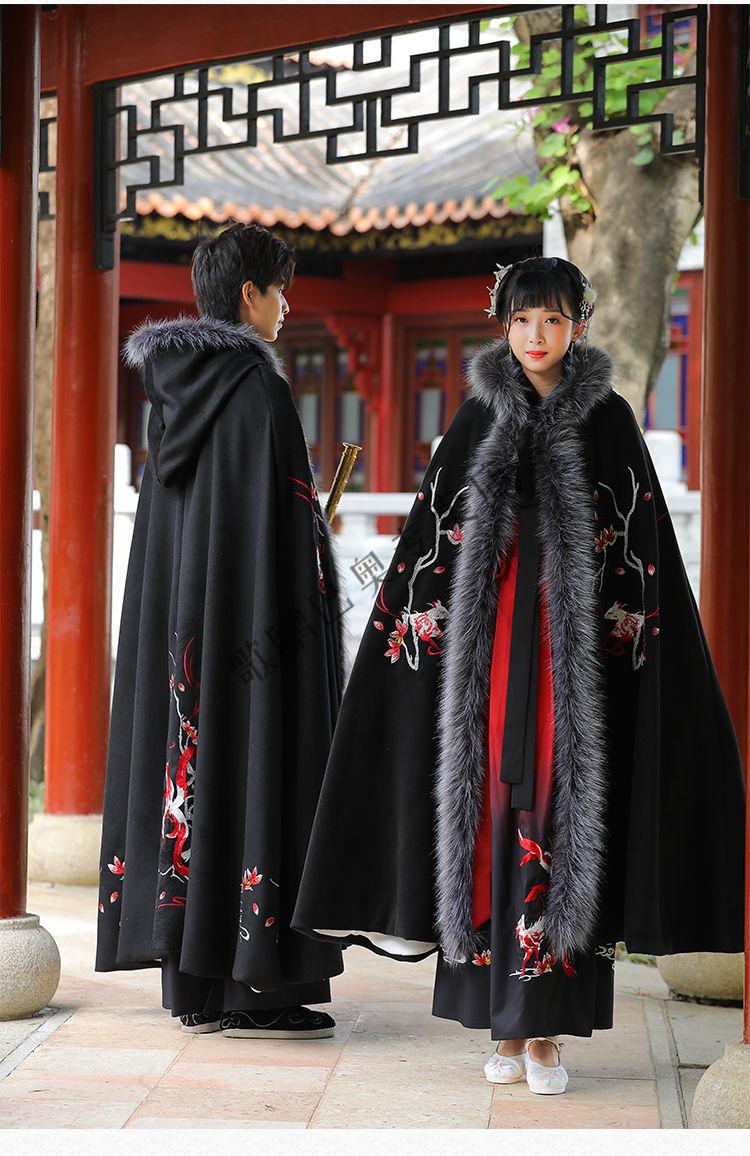 披风男长款冬季原创九尾狐秋季加厚加绒保暖斗篷刺绣披风学生霸气古装