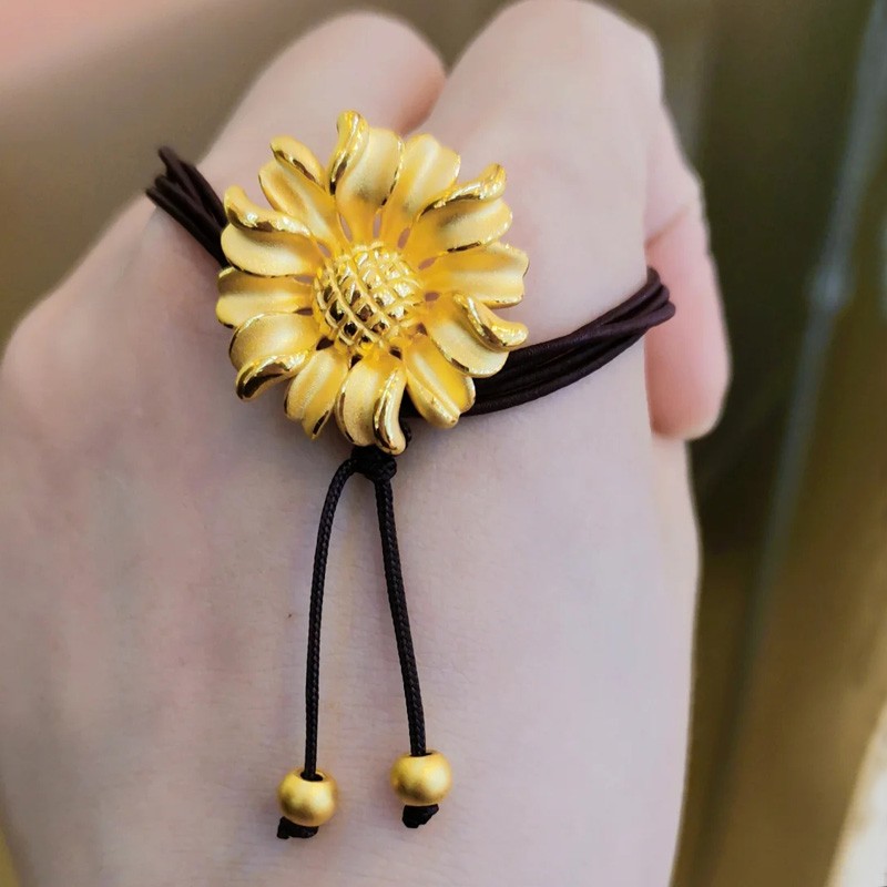 老凤凰【送证书】999足金向日葵黄金手链女3d硬金转运珠马尾太阳花