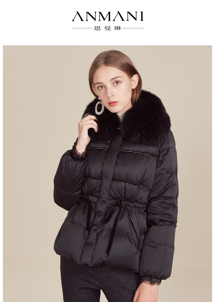 anmani恩曼琳19秋冬新狐狸毛领丝绒木耳边抽绳收腰女短款羽绒服ean9dg