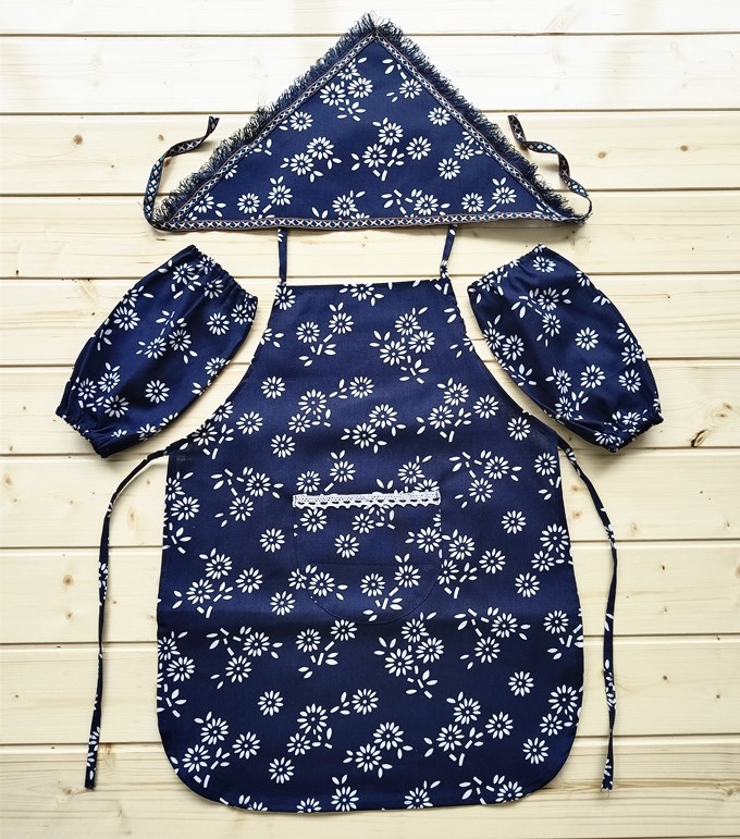 民族风小碎花围裙农家乐厨房挂脖围兜幼儿演出采茶舞蹈蓝花布围裙