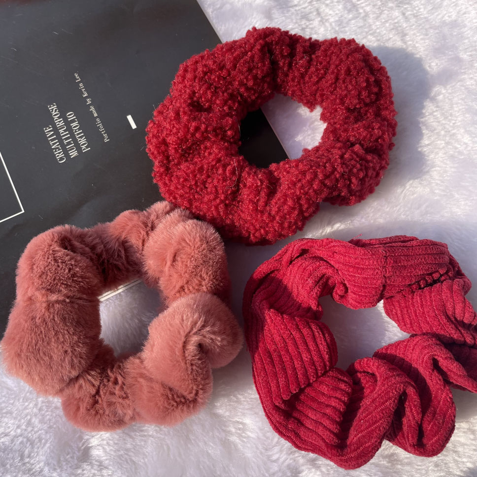 芙蕖毛茸茸红蝴蝶结大肠发圈毛绒皮筋少女扎头绳肥肠圈春冬新年圣诞款