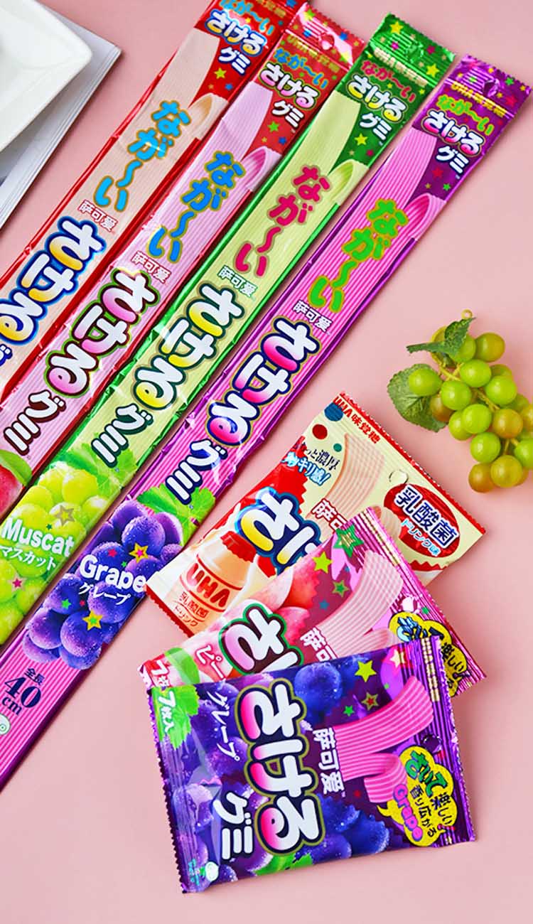 晨臻日本进口uha味觉糖萨可爱超长条手撕糖水果果汁软糖网红零食袋装7