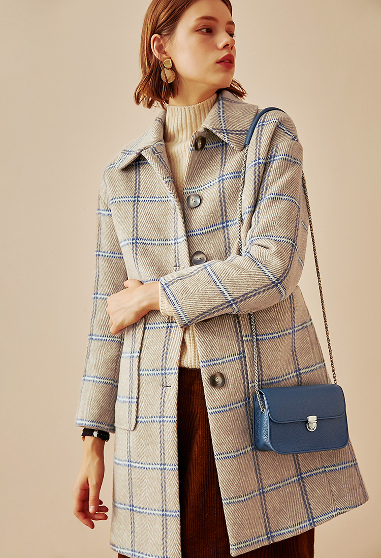 云上生活威尔士格纹呢子大衣中长款毛呢外套女冬g4779 卡其布格纹 l