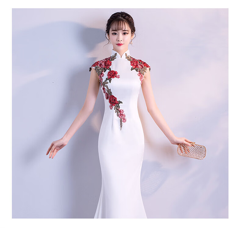 迎宾旗袍礼仪小姐服长款走秀新款主持人中式鱼尾裙舞台大合唱团勤太太