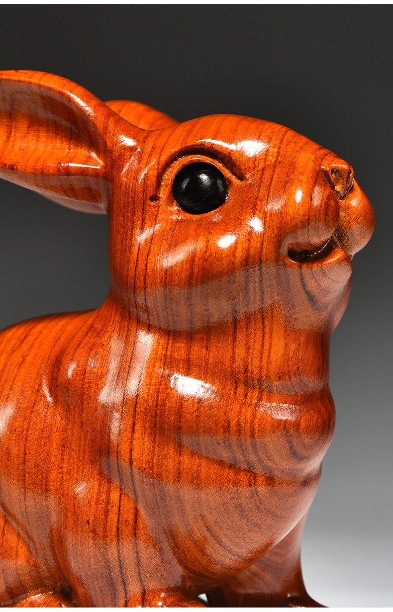 60新品花梨实木雕刻兔子摆件三合十二生肖木头兔家居客厅装饰品开业