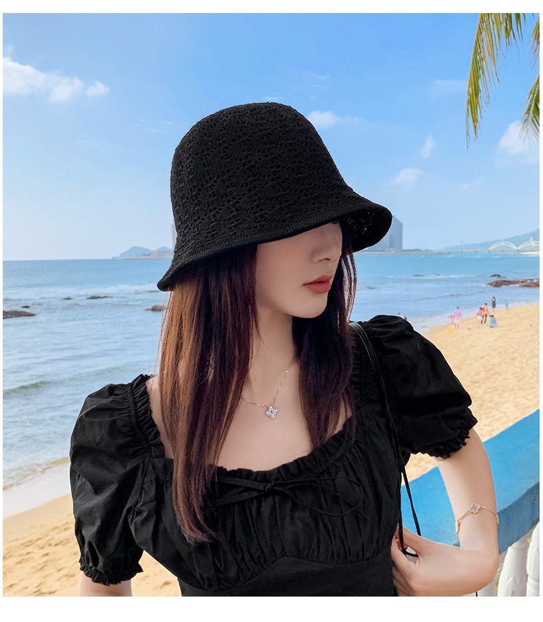 鱼夫女帽夏季夏季透气冰丝防晒遮脸渔夫帽纯手工编织双面勾花米色