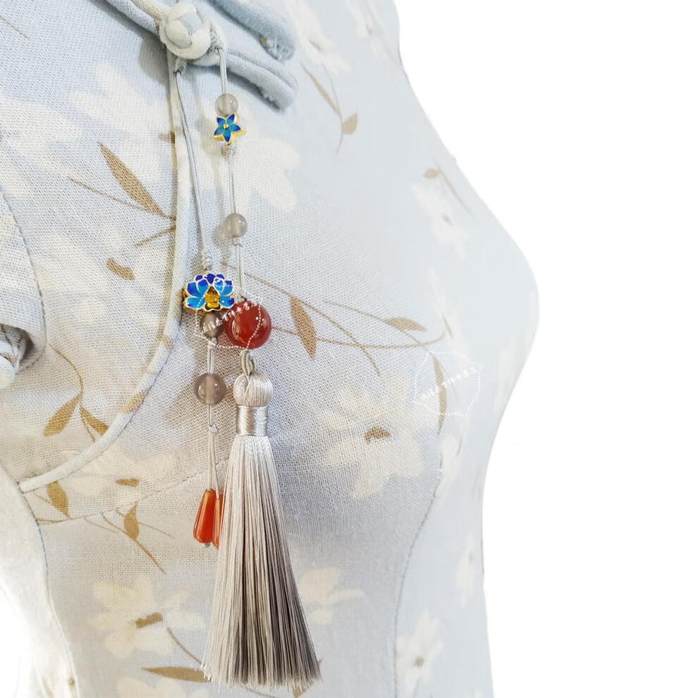 中国风景泰蓝莲花压襟旗袍盘扣挂饰古风古风挂坠扇坠玛瑙流苏挂饰