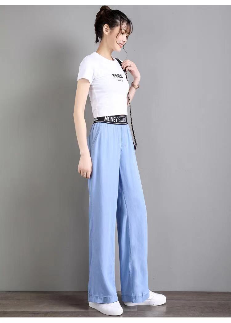 夏季冰丝休闲裤女冰丝牛仔七分裤新款小雏菊高腰显瘦宽松阔腿裤女冰爽