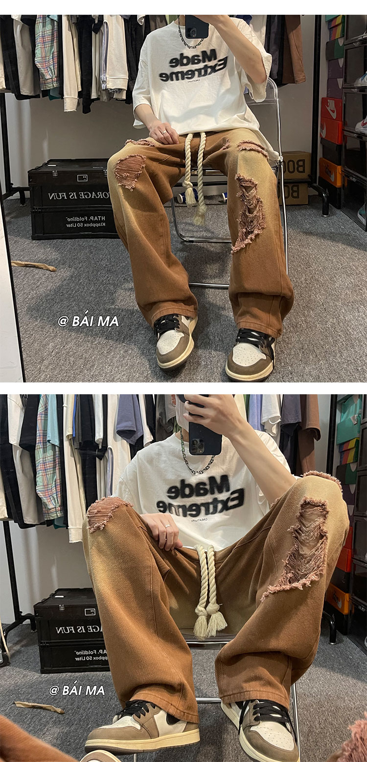 (junyuxin)美式复古棕色牛仔裤男直筒vibe裤子ins高街潮牌抽绳破洞