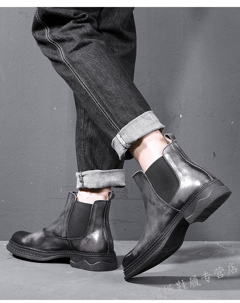 切尔西靴男短靴一脚蹬男士高帮皮鞋韩版软底靴子男马丁靴-定制 复古灰