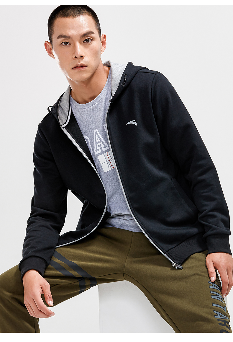 安踏运动套装男装新款休闲跑步服装连帽卫衣长裤两件套男基础黑175l