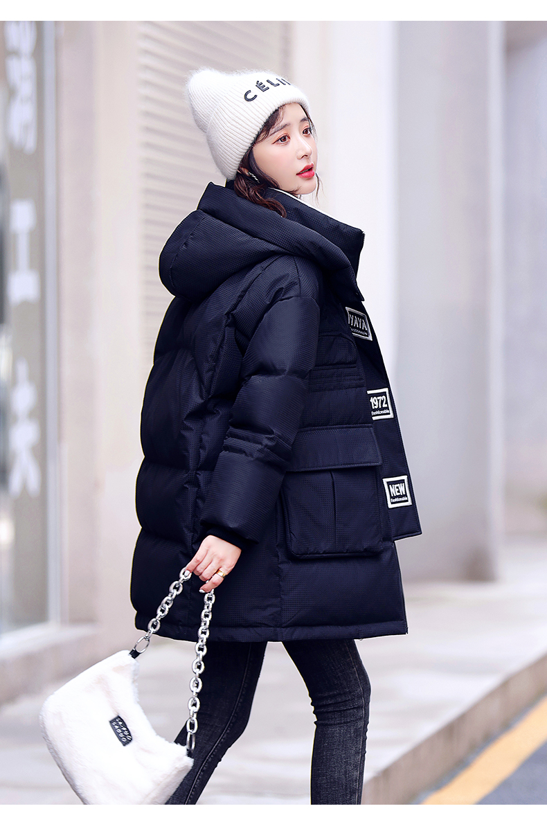 鸭鸭2022年新款羽绒服女中长款韩版连帽大口袋冬季时尚外套极 黑色 m