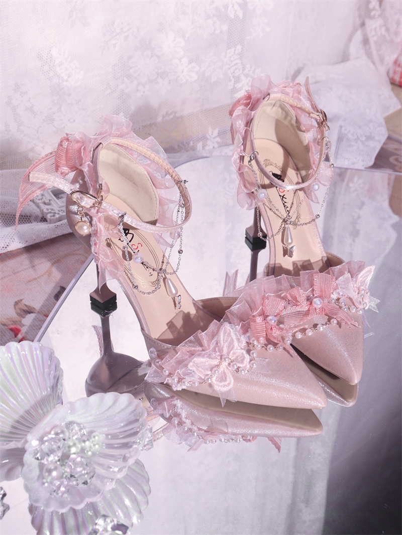 洛丽塔高跟鞋花嫁lo鞋尖头手作优雅高跟鞋百搭lolita茶会藏蓝色7cm带