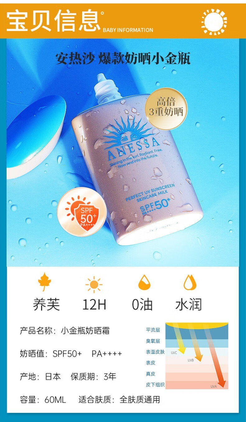 安热沙（Anessa）日本进口小金瓶耐晒防晒霜SPF50+户外男女学生军训可用防水防汗 新款60ml 防晒霜