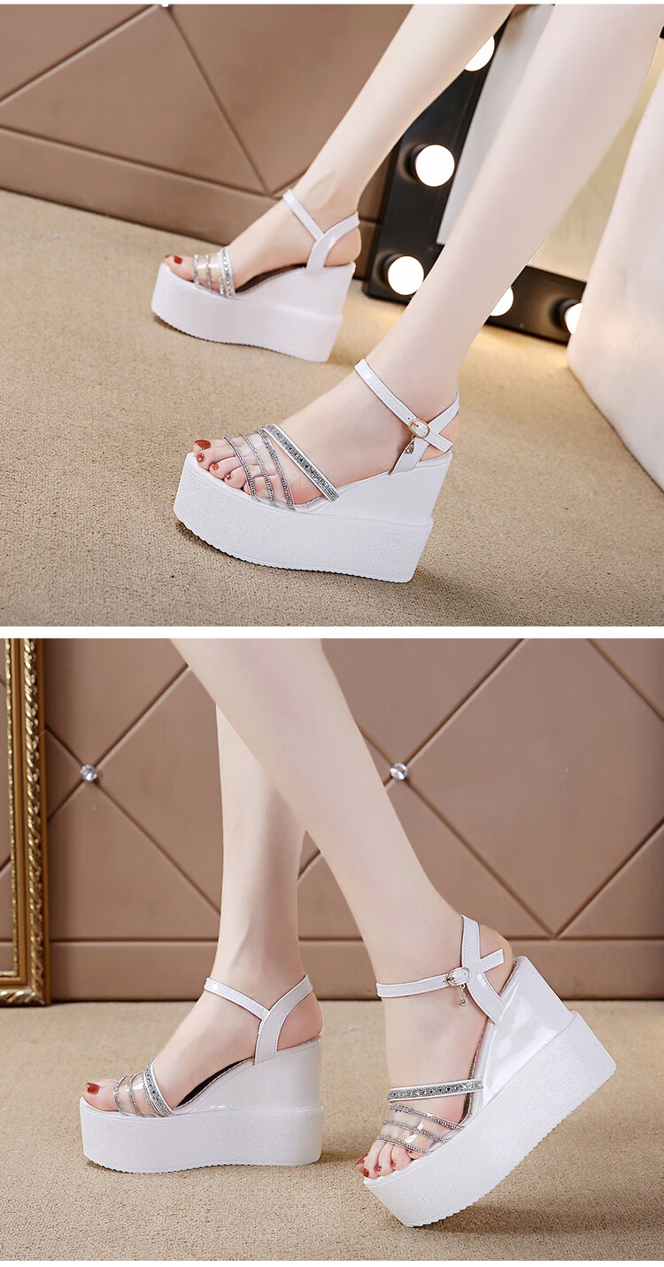 坡跟内增高凉鞋女婚纱神器松糕鞋厚底白色超高跟12cm夜店鞋子 黑色