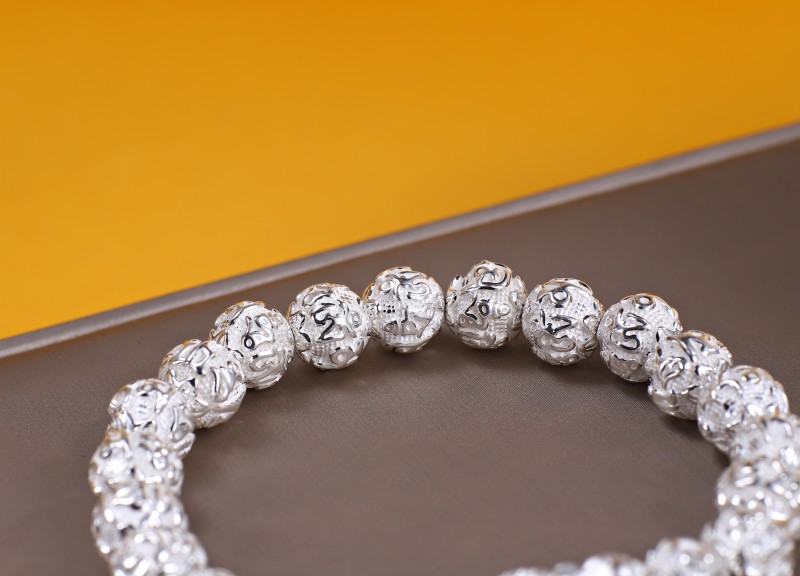 黛索娜s999银手串六字真言手链珠子足银箴言男心经藏文佛珠手饰68克