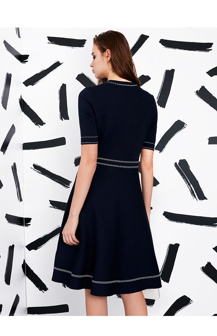 dkny修身短袖连衣裙明线撞色提花针织弹力裙子藏青色l