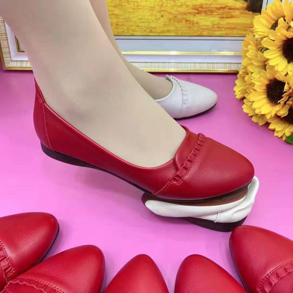 贤语牛筋底单鞋百搭时尚舒适真软皮妈妈鞋女工作鞋新款中年平底红色40