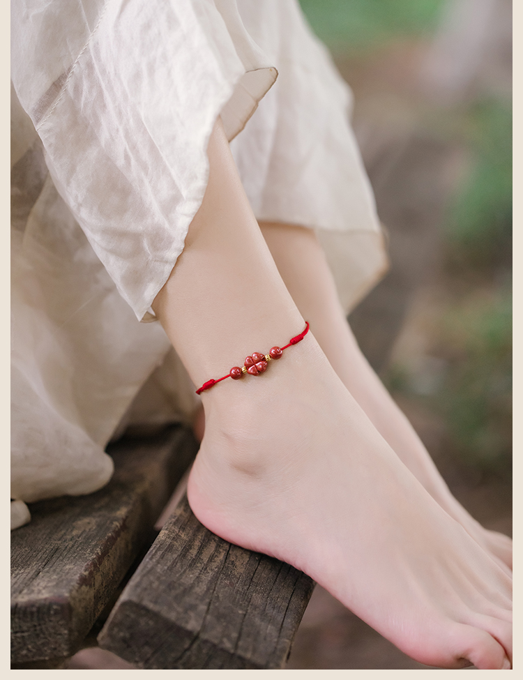 檀福匠朱砂四叶草脚链女红绳红绳脚绳祈福抽拉绳简约古风百搭红绳适合