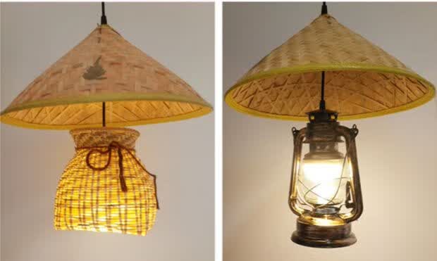 斗笠灯罩吊灯复古怀旧竹编田园仿古灯具灯笼外壳罩 斗笠煤油灯 含led