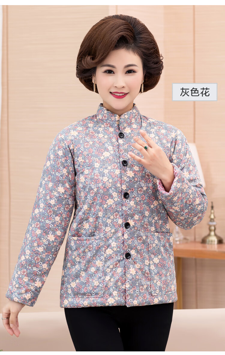 纯手工棉花棉袄女士外套款冬季加厚保暖棉衣大人居家服 灰色花棉袄 m