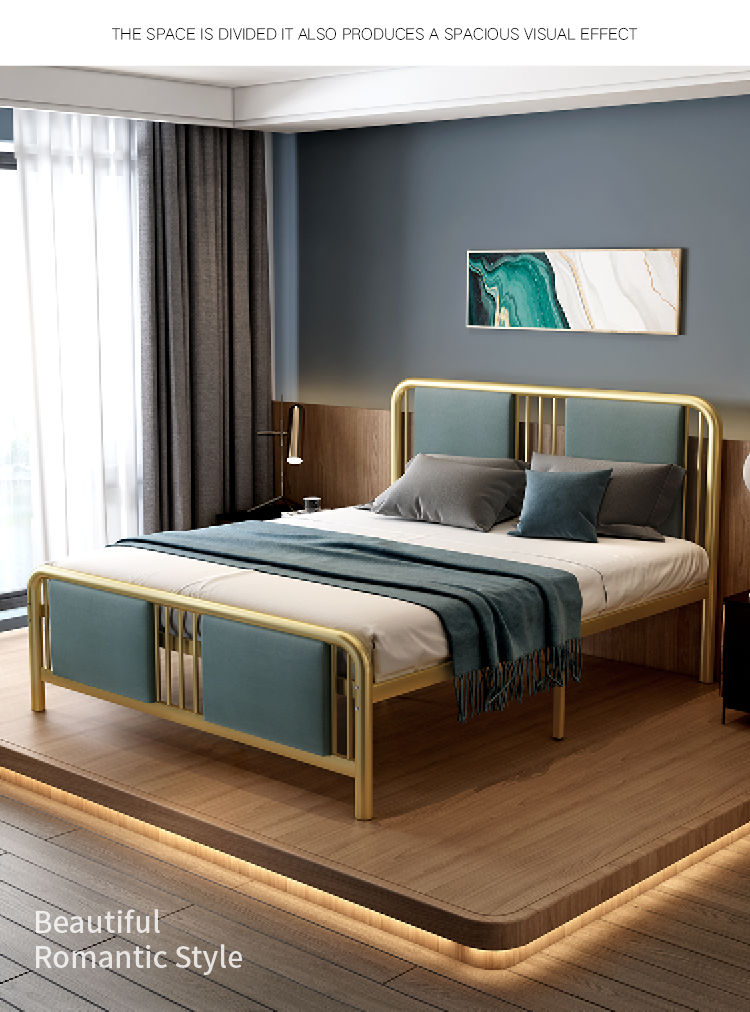 现代简约轻奢新中式铁艺床12米18米金色软靠铁床架金属双人铁床梦幻蓝