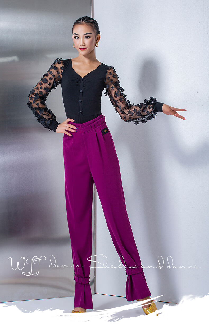 丹宝罗wjjdance摩登舞裤子女百褶腰高腰拉丁交谊国标长裤练功服玫紫色