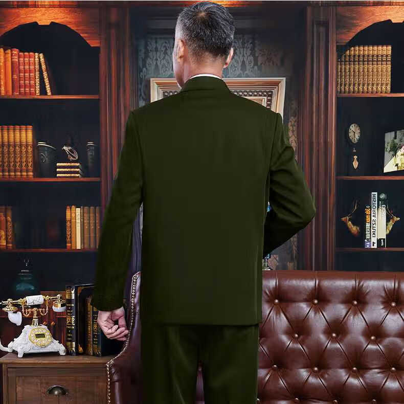 妙微熊军绿色中山装男中老年套装老人中山服爷爷装人民服老式中山装