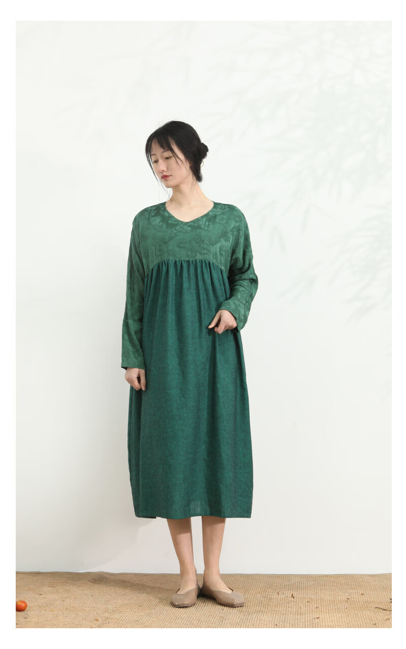 素订棉麻女装官方连衣裙夏款海边度假裙文艺2022长袖宽松休闲简约衣服