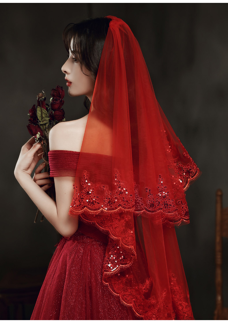 珍韵缘红色头纱新娘主婚纱长款秀禾服红盖头结婚短款蕾丝中式复古风