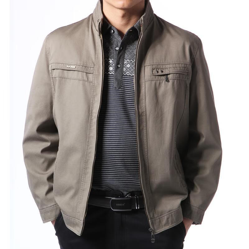 中老年男装立领夹克衫全棉春秋装男士休闲外套款宽松爷爷装上衣卡其色