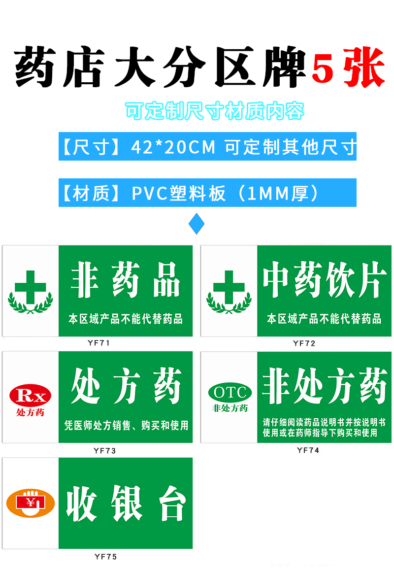 药品分类牌药店分类牌pvc标识牌大药房gsp认证区域分类药贴纸套餐一小