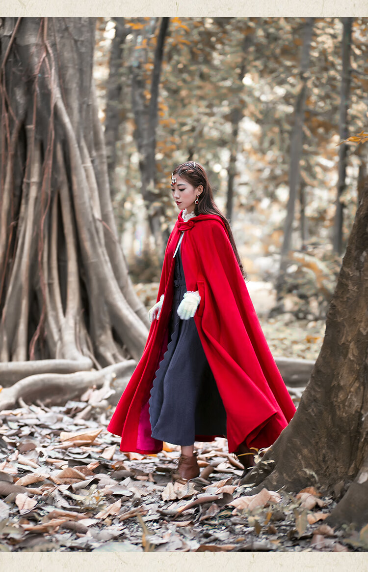 无心法师岳绮罗同款大红色斗篷毛呢大衣女外套小红帽披风秋冬 红色