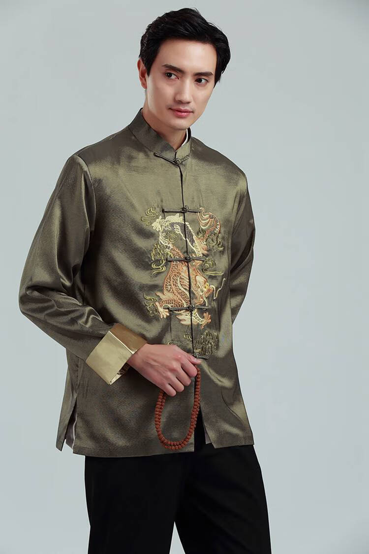 啄木鸟秋冬季唐装男中老年长袖上衣中式立领绣龙演出服爸爸装男士男式