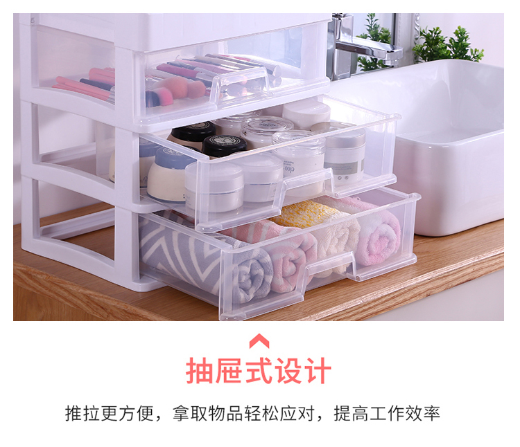 88394-冇力化妆品收纳盒多层可拆卸透明桌面抽屉柜塑料收纳盒整理柜多功能储物盒收纳箱 透明3层抽屉(顶带格子)-详情图