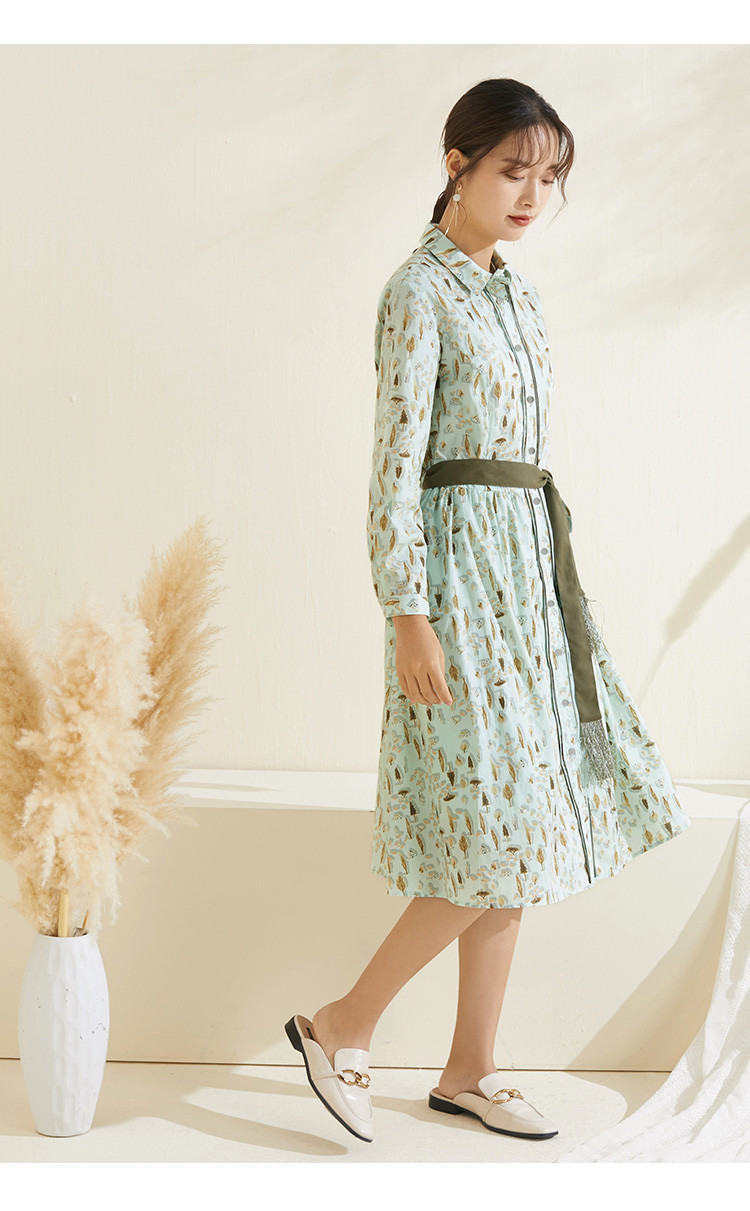 熙然2022春新品文艺气质中长裙田园风印花收腰系带长袖碎花连衣裙浅绿