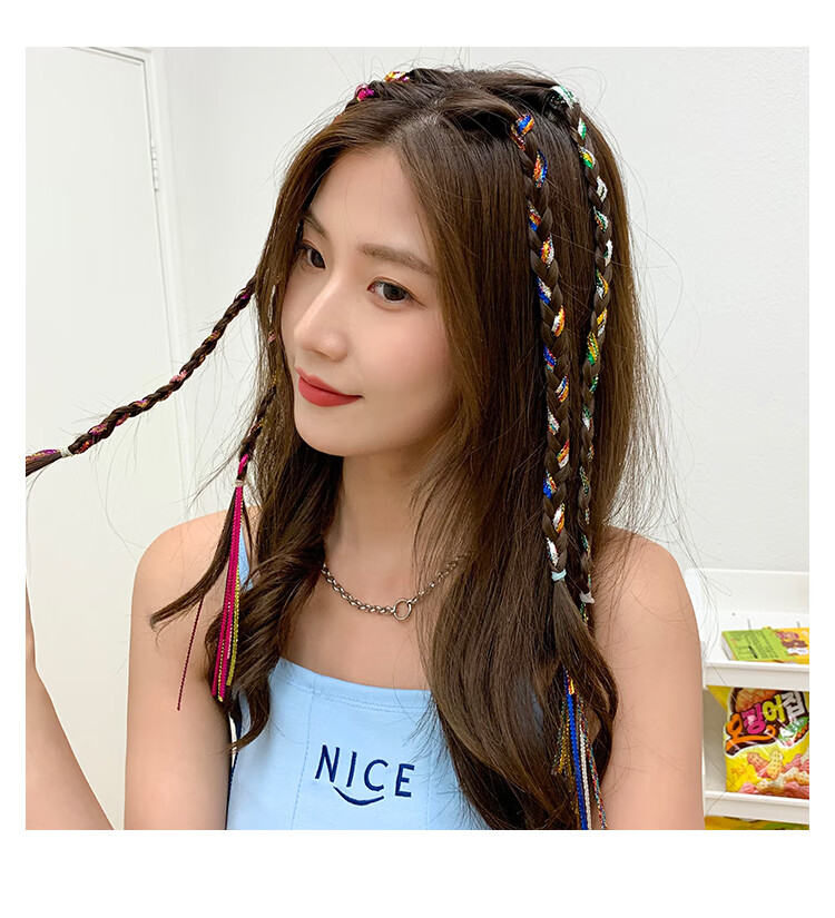京选发箍假发一体无痕夏季彩色丝带编头发头绳儿童编发彩绳七彩脏辫