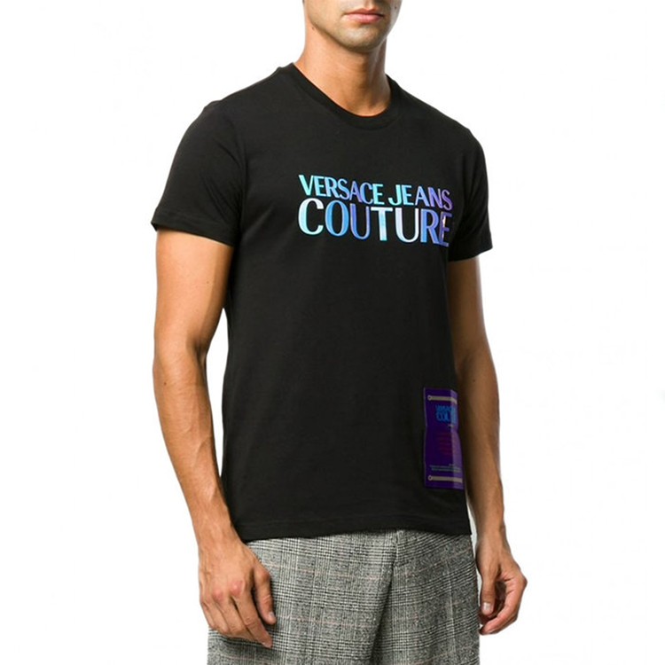 范思哲短袖versace奢侈品男装t桖夏季彩色徽标黑色棉质t恤黑色l