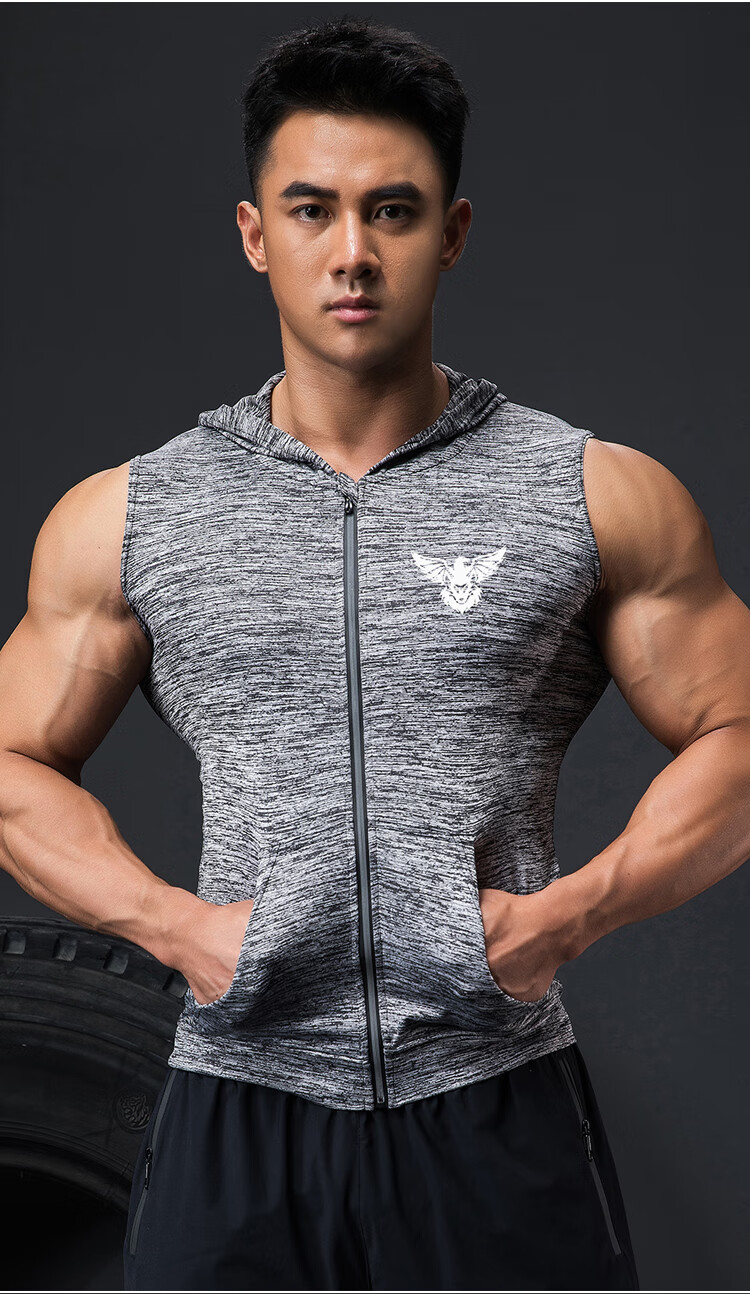 恒源祥品牌授权弹力运动紧身衣无袖健身背心男速干连帽透气肌肉训练