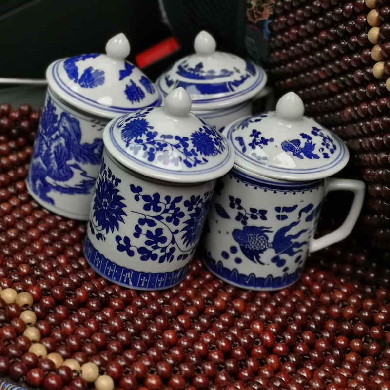 青花瓷茶杯中式复古釉下彩景德镇单杯办公杯家用大号带盖商用 金边单