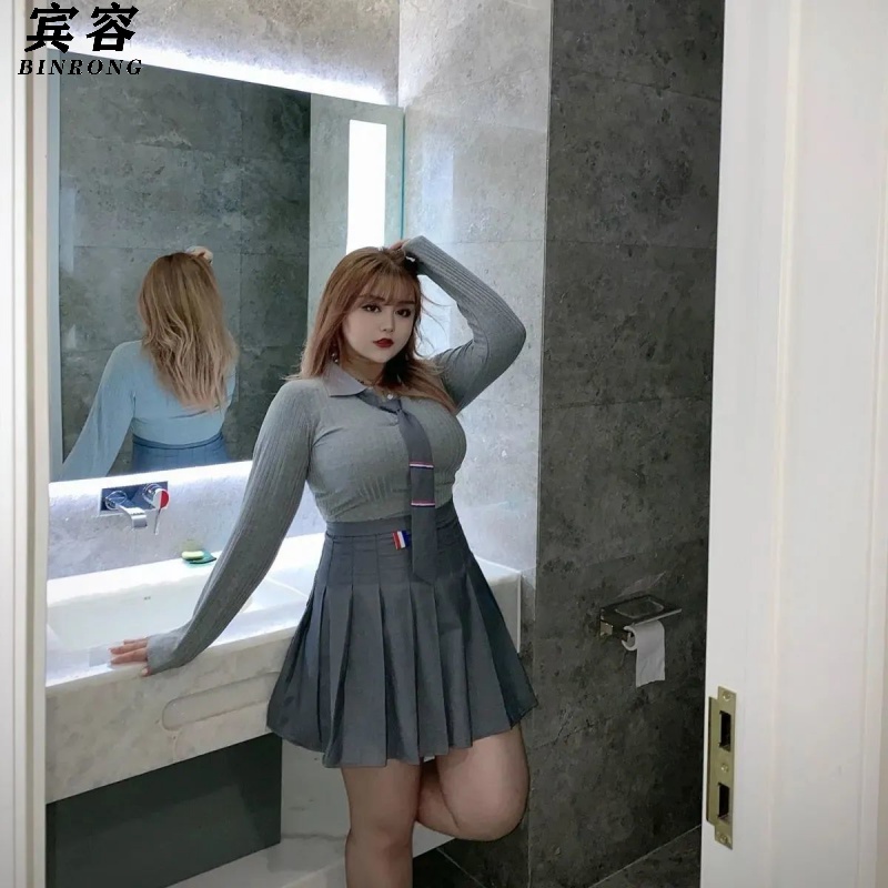 宾容 胖mm300斤日系jk制服裙百褶短裙240夏季宽松大码ins学院风上衣女