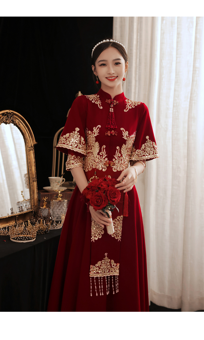 ぴxuanshilan轻奢品牌女装敬酒服新娘小个子秀禾服秋冬季长袖刺绣中长