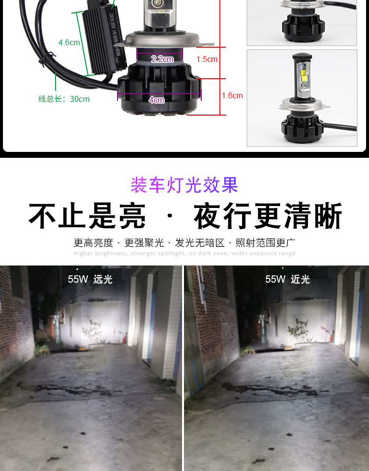 石栏摩托车led大灯12v踏板前照灯泡改装内置超亮强光h4远近光一体u